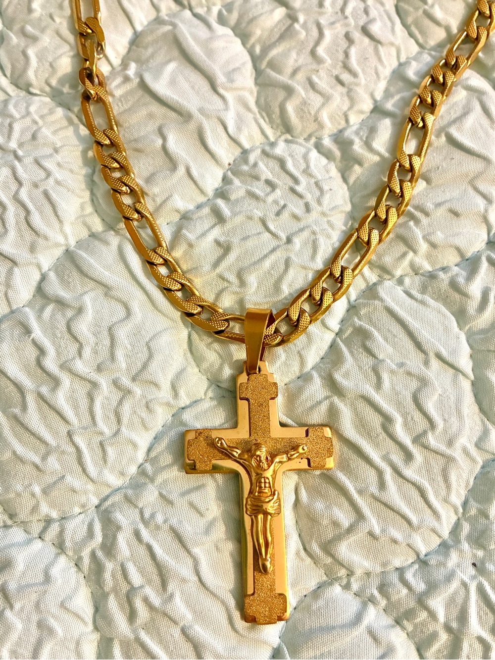 Gold Crucifix Pendant Necklace Figaro Chain